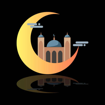 Cressent Moon with Mosque, Clouds, and Reflection below flat style clipart. best used to create poster, flyer and other event design in order to celebrate ramadhan countdown event within a few month.のイラスト素材