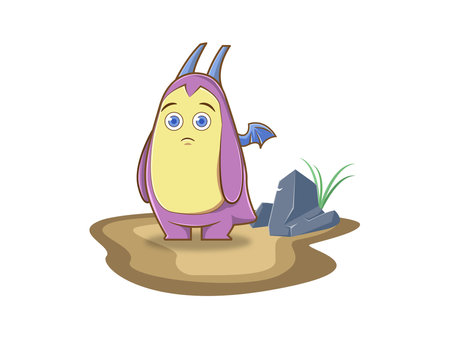 cute purple dragon character with little wing and horns standing on soil with blue stone and grass cartoon mascot vectorのイラスト素材