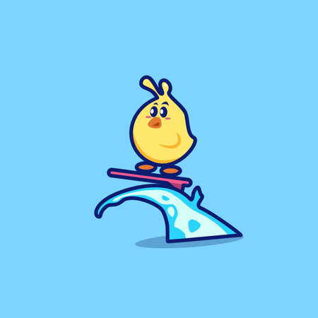Illustration vector graphic of cute chick surfing cartoon. Good for kids product like tshirt,poster,etcのイラスト素材
