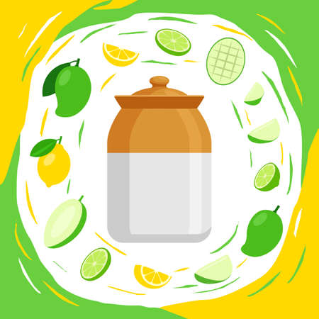 Ceramic pickle jar also known Bharani traditional indian bottle and falling mango and lemonのイラスト素材