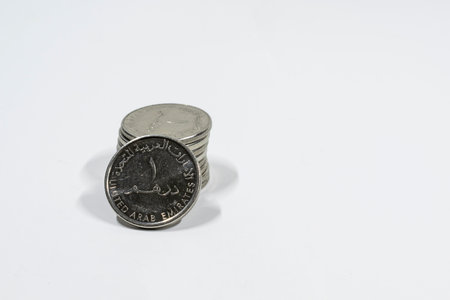 a close up view of United Arab Emirates coin with white background, fils, UAE currency, UAE coins,...