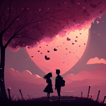 valentine's day background with silhouette of romantic couple in loveの素材