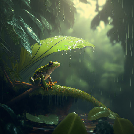 Frog in the rain forest. 3d rendering. Computer digital drawing.の素材