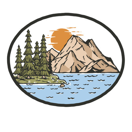 Outdoor mountain and lake illustrationのイラスト素材