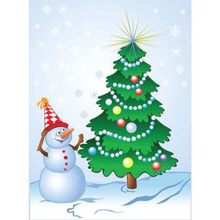 Smiling snowman and decorated pine-tree in comic style のイラスト素材