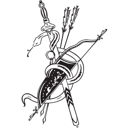 Snake, sword and arrows in white and black colors のイラスト素材