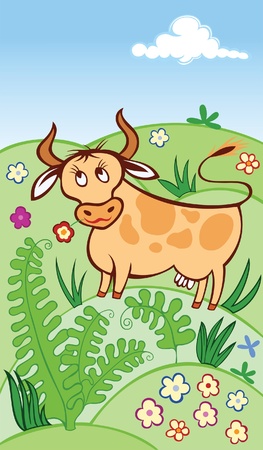 cute cow grazing in a meadowのイラスト素材