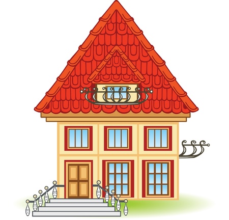 cartoon house with balcony and red roof のイラスト素材