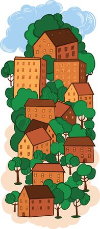 color illuatration of old town with treesのイラスト素材