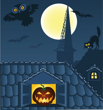 Night town, roofs, cat, owl and bats. Halloween backgroundのイラスト素材