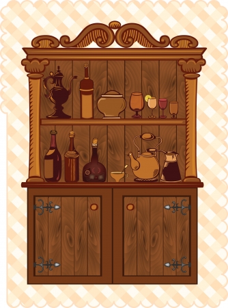Vintage Cupboard with crockery and bottlesのイラスト素材
