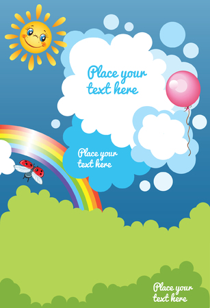 Kid cartoon template with clouds, rainbow and places for textのイラスト素材