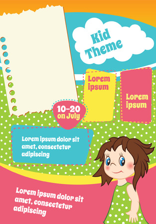 Cololrful vector template for kid flyer. Cartoon children illustration and text blocksのイラスト素材