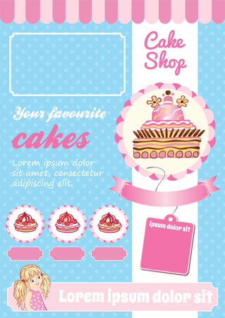 Cake and Dessert Shop Template, blue and pink vector background, cartoon illustrationsのイラスト素材