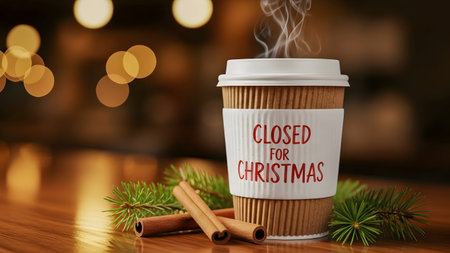 Coffee cup with christmas message on bokeh backgroundの素材