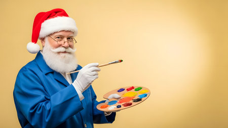 Portrait of senior man with santa claus hat and paint palette on yellow backgroundの素材