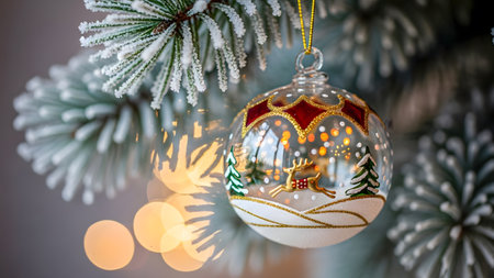 Christmas ornaments on the branches of a Christmas tree with bokeh backgroundの素材
