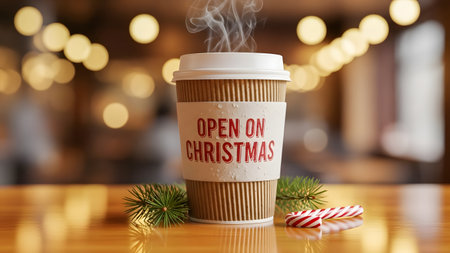 Coffee cup with christmas decoration on bokeh backgroundの素材