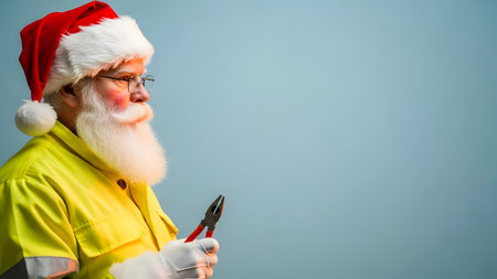 Portrait of senior man with santa claus hat holding pliersの素材
