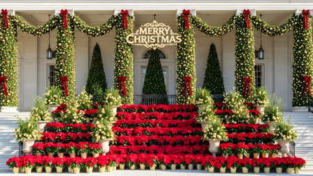 Christmas decoration with poinsettia flowers in front of the main entrance to the buildingの素材