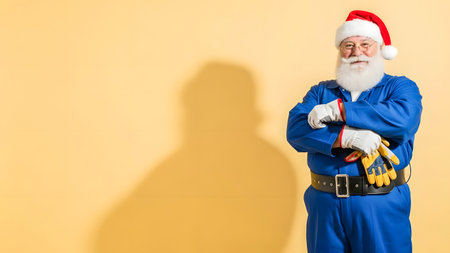 Portrait of Santa Claus with tool belt on a yellow background.の素材