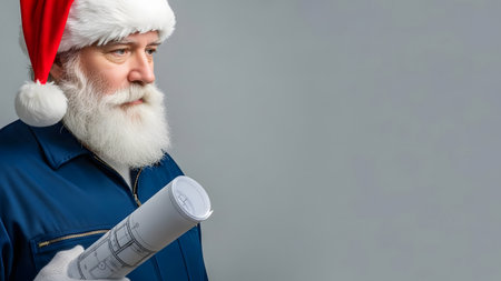 Portrait of mature santa claus with blueprints on grey backgroundの素材