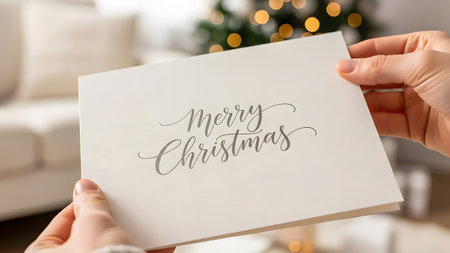 Merry Christmas lettering on a white card in female hands.の素材