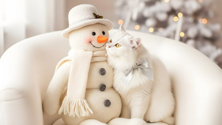 Cute cat and snowman in armchair at home, closeupの素材