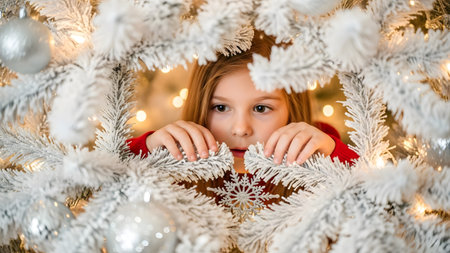 Cute little girl decorating christmas tree with snowflakesの素材