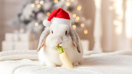 Cute bunny with wooden stick on bed in room decorated for Christmasの素材