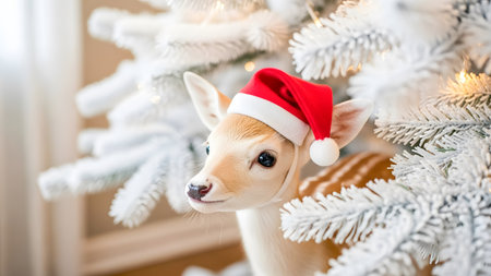Christmas and New Year background. Cute little deer in Santa Claus hat decorating Christmas tree.の素材