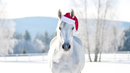 Beautiful white horse with red santa hat on sunny winter dayの素材
