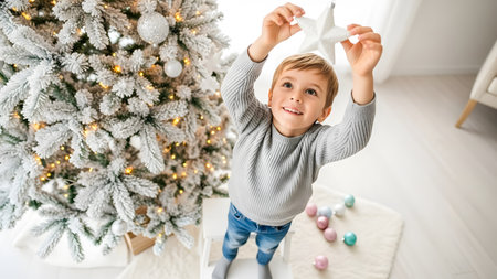 holidays, childhood and people concept - happy little boy decorating christmas tree at homeの素材