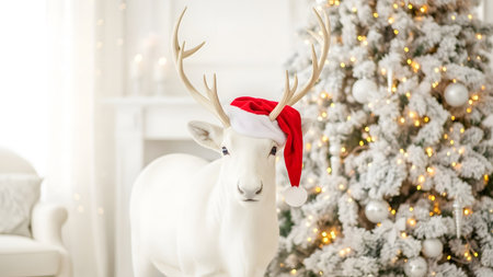 White reindeer with Santa Claus hat on Christmas tree background.の素材