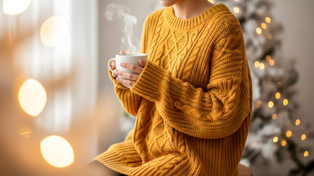 Woman holding cup of hot drink at home on Christmas eve, closeupの素材