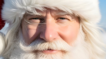 Portrait of Santa Claus with long white beard and mustache on blue sky backgroundの素材