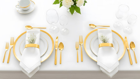 Elegant table setting with golden cutlery, top viewの素材