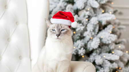 Beautiful cat in santa hat sitting on chair near christmas treeの素材
