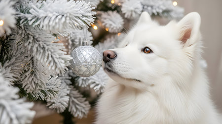 White siberian husky dog with christmas ball in the treeの素材