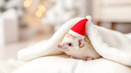 Cute little hedgehog in Santa hat on blurred background, closeupの素材