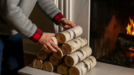 Man putting firewood in fireplace at home. Winter holidays concept.の素材
