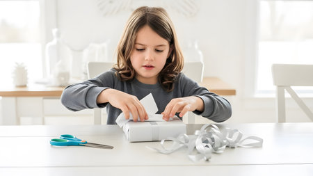 Little girl packing gift box at table in kitchen, space for textの素材