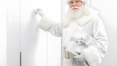 Portrait of Santa Claus holding a gift box and looking at cameraの素材