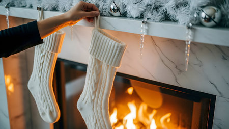 cropped view of woman holding christmas socks near fireplace at homeの素材