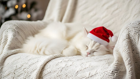 Beautiful white cat in red santa claus hat sleeping on sofaの素材