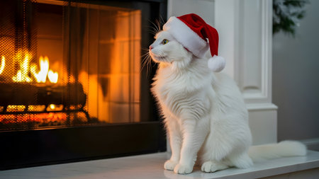 Beautiful white cat in Santa Claus hat sitting near fireplace at homeの素材
