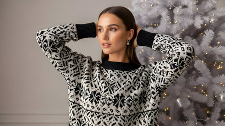 Beautiful young woman in sweater near christmas tree on grey backgroundの素材