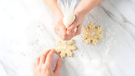 top view of woman hands making christmas cookies on white marble surfaceの素材