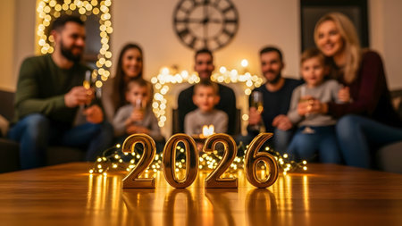 Happy family celebrating new year eve in living room, focus on number 2016の素材