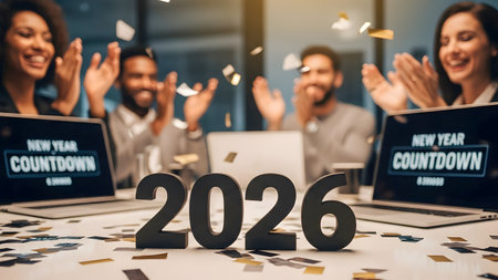 Happy Businesspeople Celebrating New Year in Office. Celebrating New Year in Office. Celebrating New Year in Office. Celebrating New Year in Office. Celebrating New Year in Office.の素材